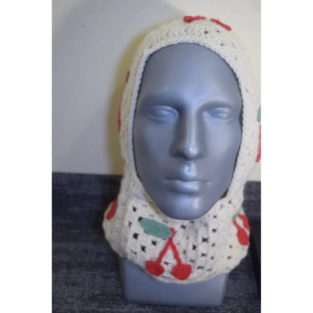Urban Outfitters Cherry Crochet Balaclava Creme Off-White Granny Square Hood NEW